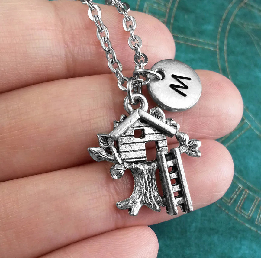 Treehouse Keychain with Initial (Silver-Toned)