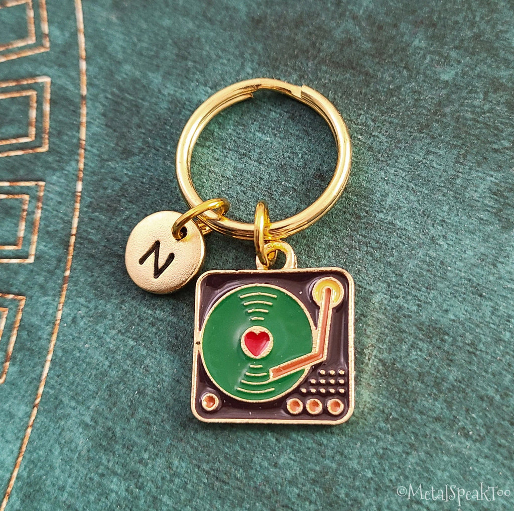 Turntable Keychain with Initial (Gold-Toned)