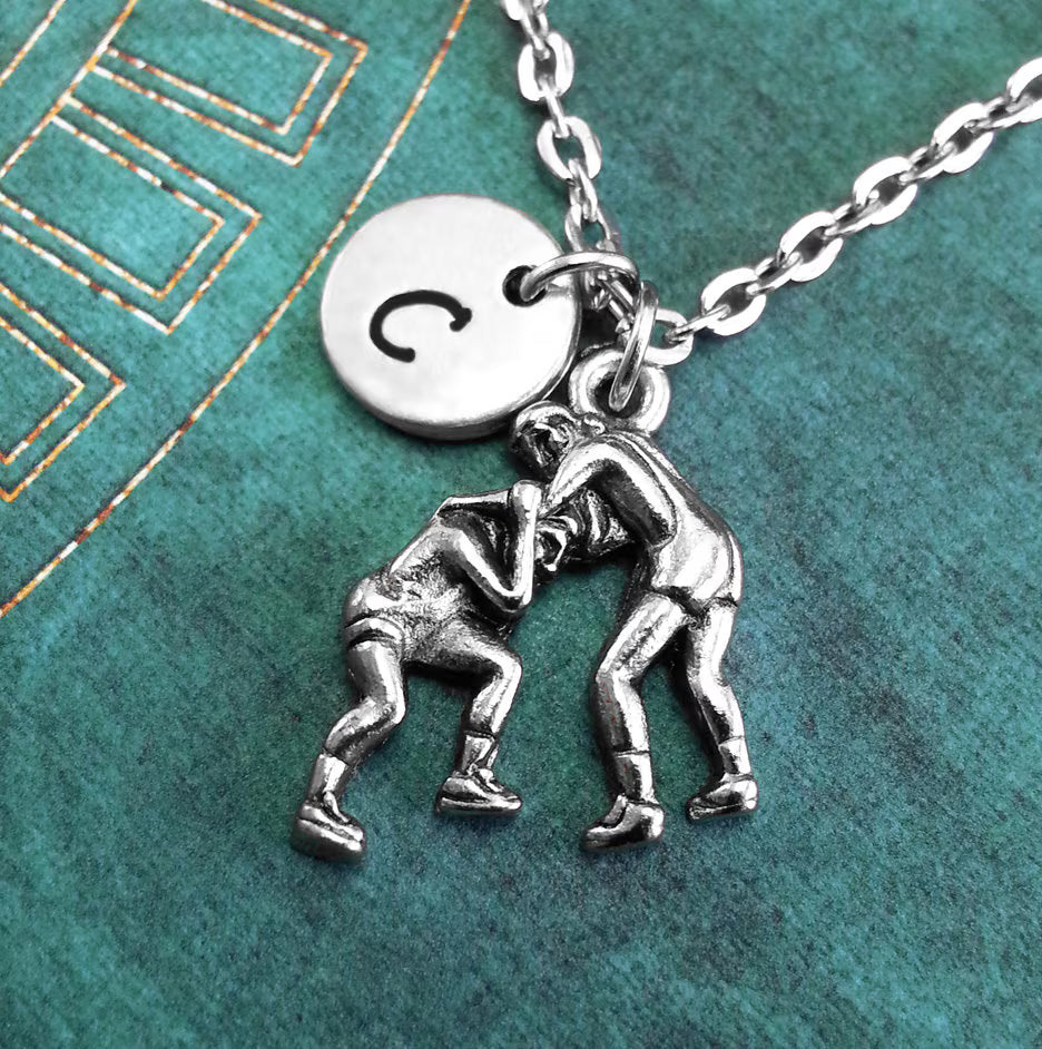 Wrestling Necklace with Initial (Silver-Toned)