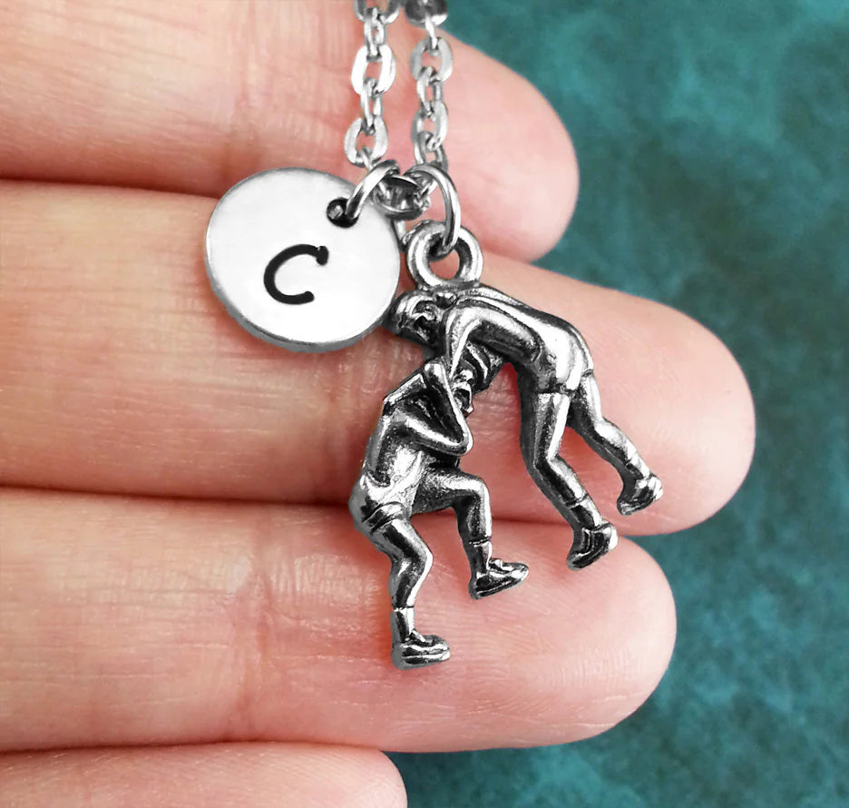 Wrestling Necklace with Initial (Silver-Toned)
