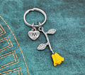 Yellow Rose Keychain with Initial (Silver-Toned)