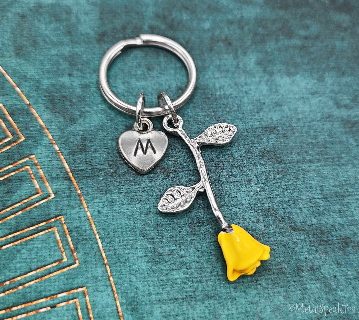 Yellow Rose Keychain with Initial (Silver-Toned)