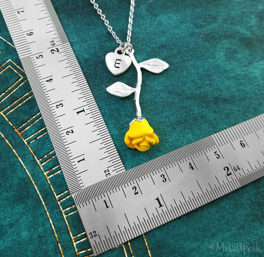 Yellow Rose Keychain with Initial (Silver-Toned)