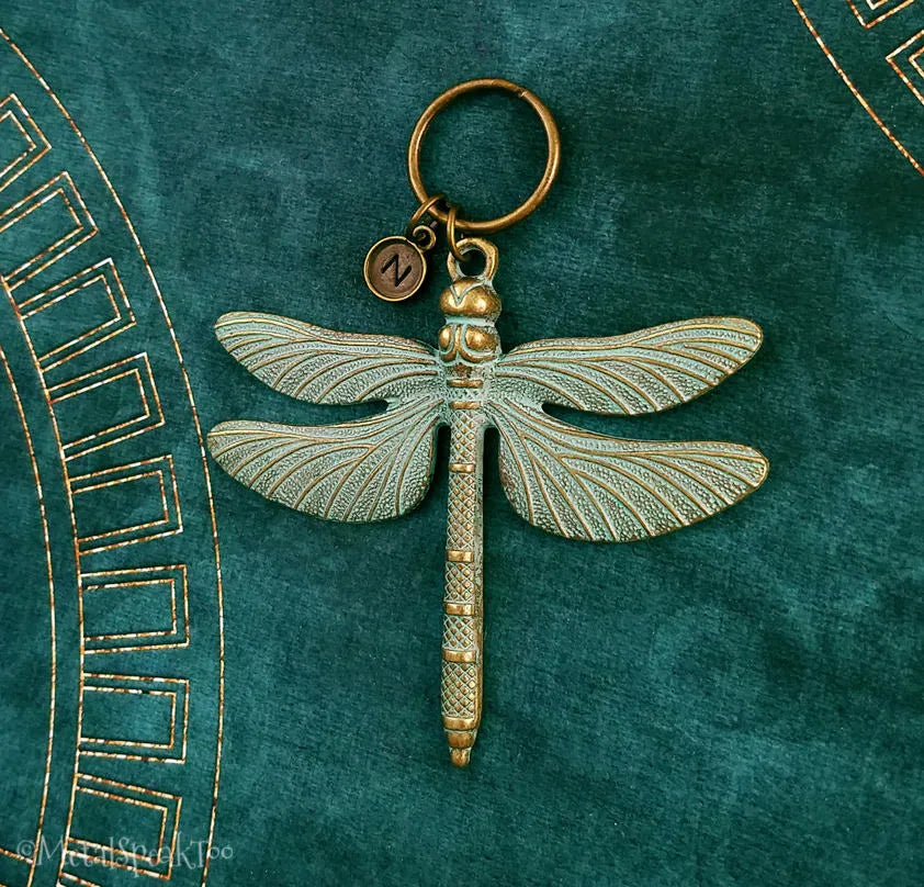 Dragonfly Keychain with Initial (Bronze & Verdigris)