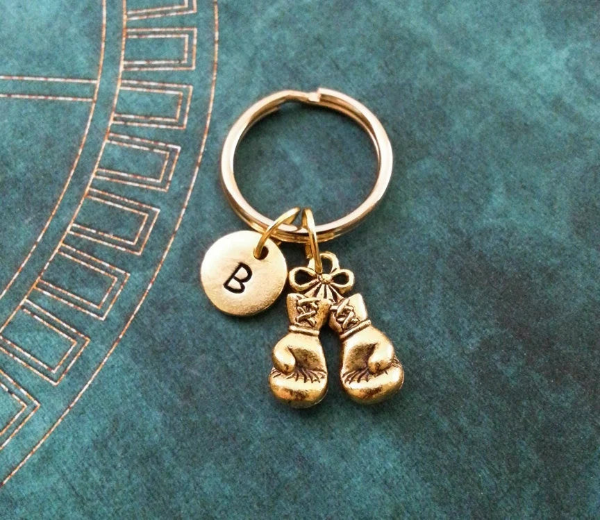 Boxing Gloves Keychain with Initial (Gold-Toned)