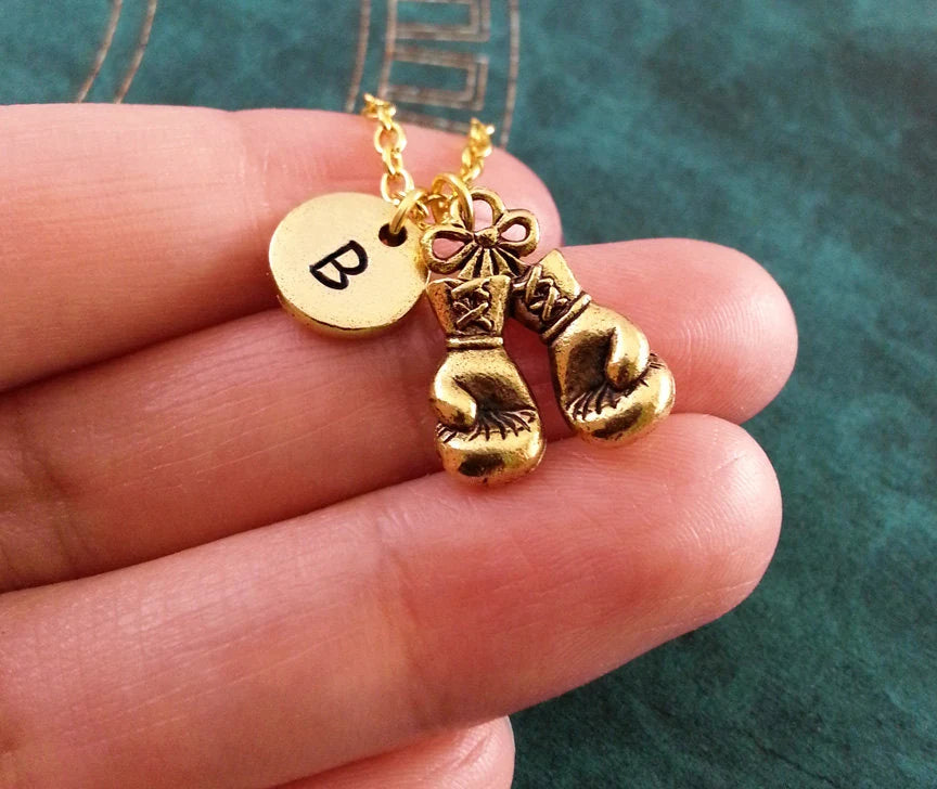 Boxing Gloves Keychain with Initial (Gold-Toned)