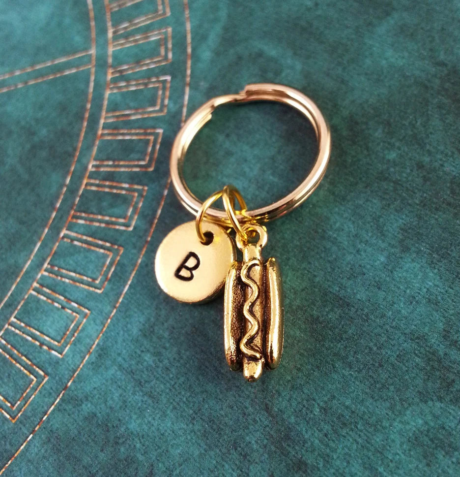 Hotdog Hot Dog Keychain with Initial (Gold-Toned)