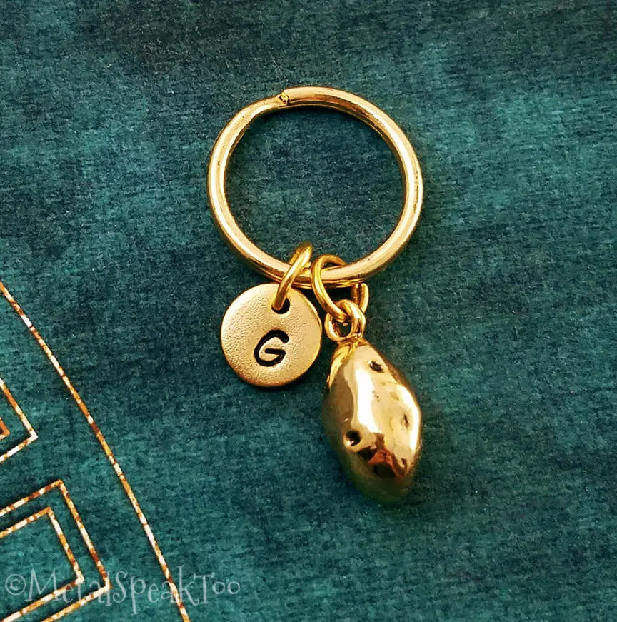 Potato Keychain with Initial (Gold-Toned)