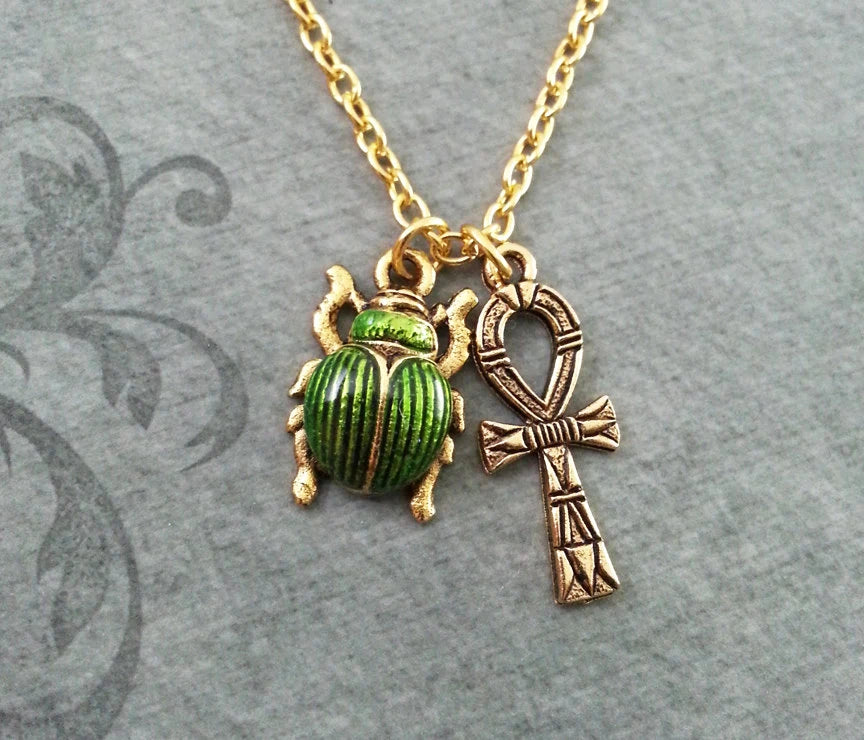 Green Enamel Scarab & Ankh Charm Necklace (Gold-tone)