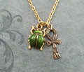 Green Enamel Scarab & Ankh Charm Necklace (Gold-tone)