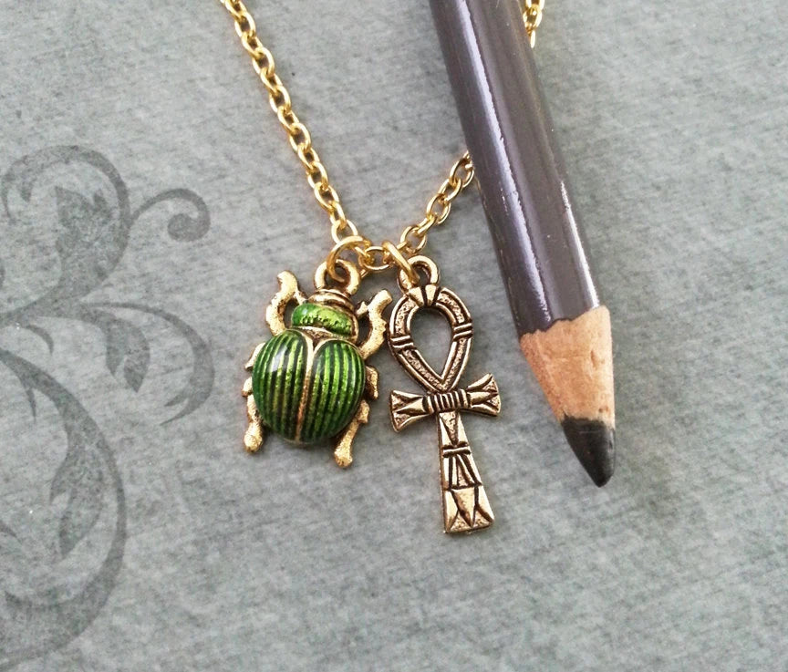 Green Enamel Scarab & Ankh Charm Necklace (Gold-tone)