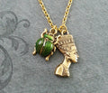 Gold and Green Enamel Scarab & Nefertiti Charm Necklace (Gold-tone)