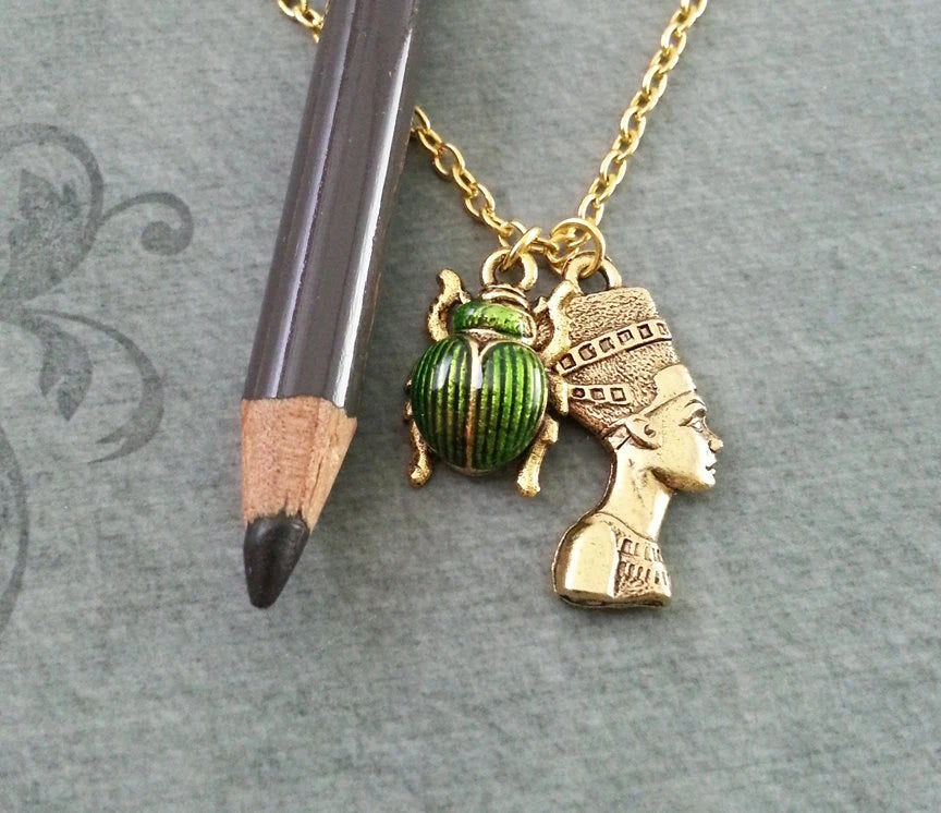 Gold and Green Enamel Scarab & Nefertiti Charm Necklace (Gold-tone)