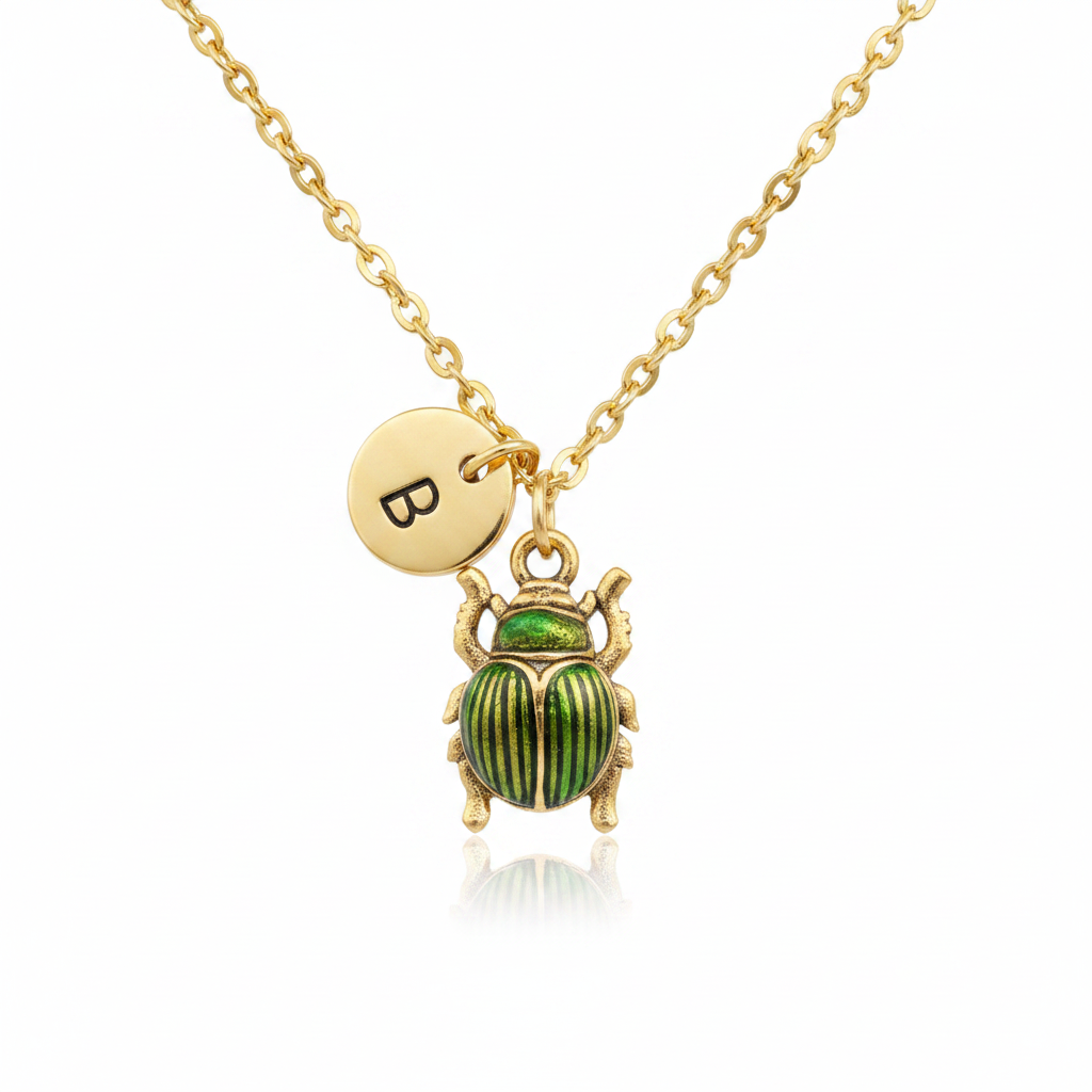 Green Scarab Beetle Necklace - White Background