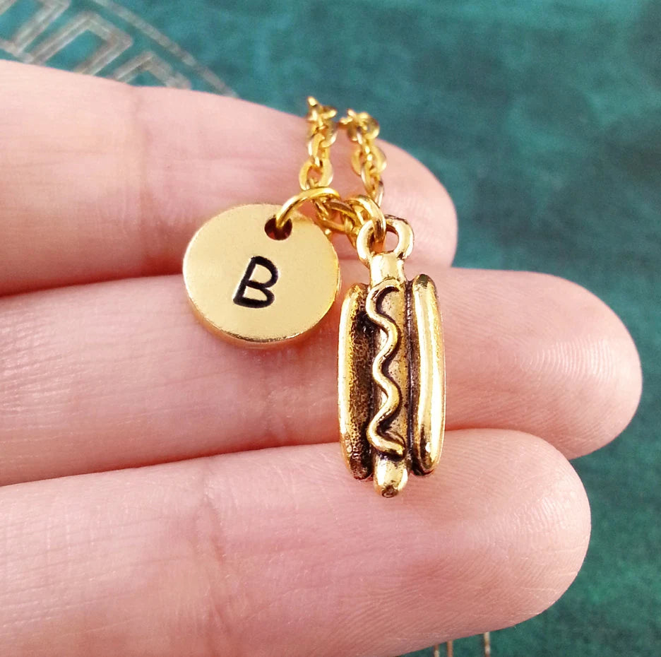 Hotdog Hot Dog Necklace with initial (Gold-toned)