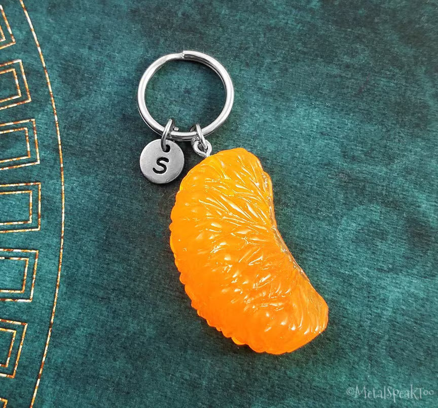 Mandarin Orange Keychain with Initial (Silver-Toned)