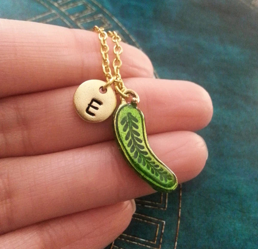 Pickle Necklace with Initial (Gold-Toned)