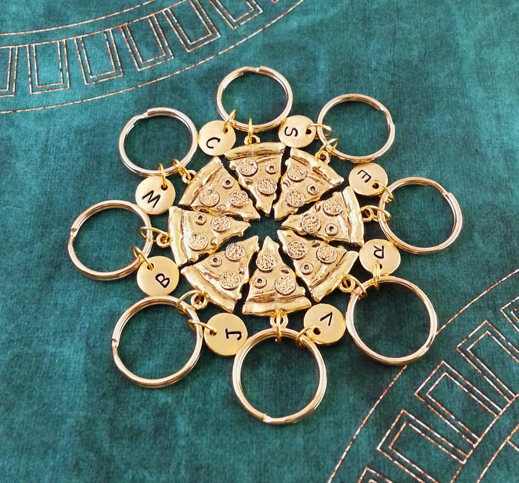 Pizza Friendship Keychain Set with Initials (Gold-Toned)