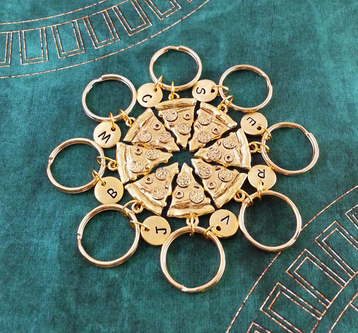 Pizza Friendship Keychain Set with Initials (Gold-Toned)