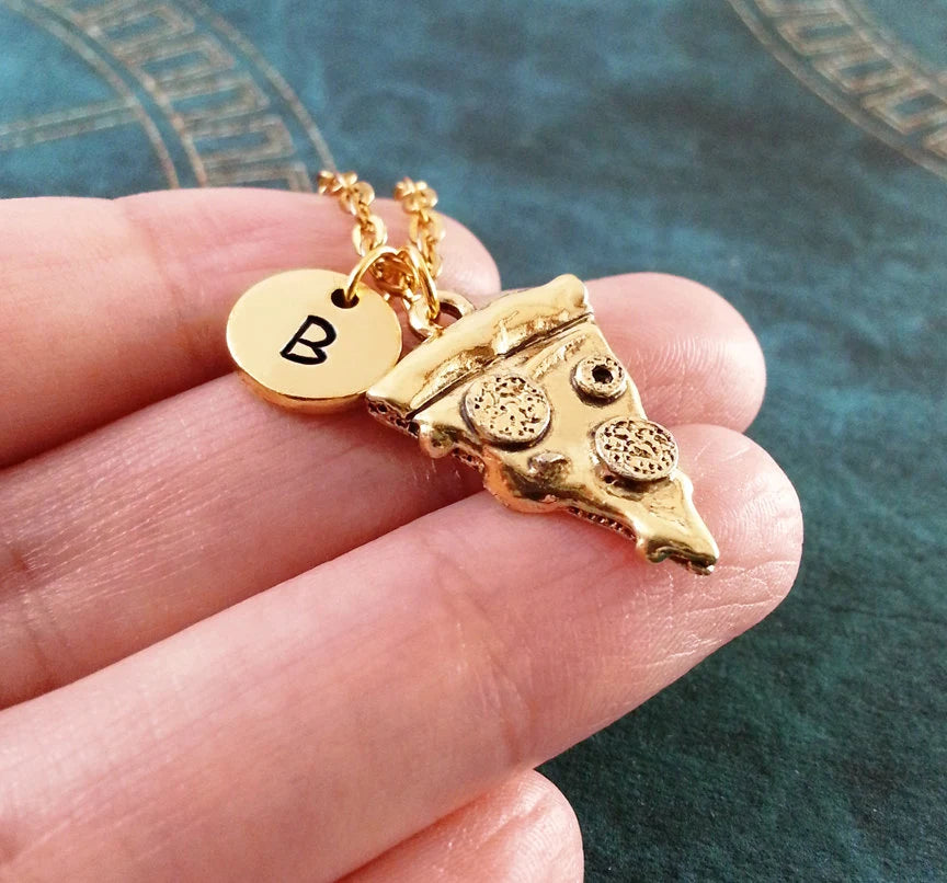 Pizza Friendship Keychain Set with Initials (Gold-Toned)