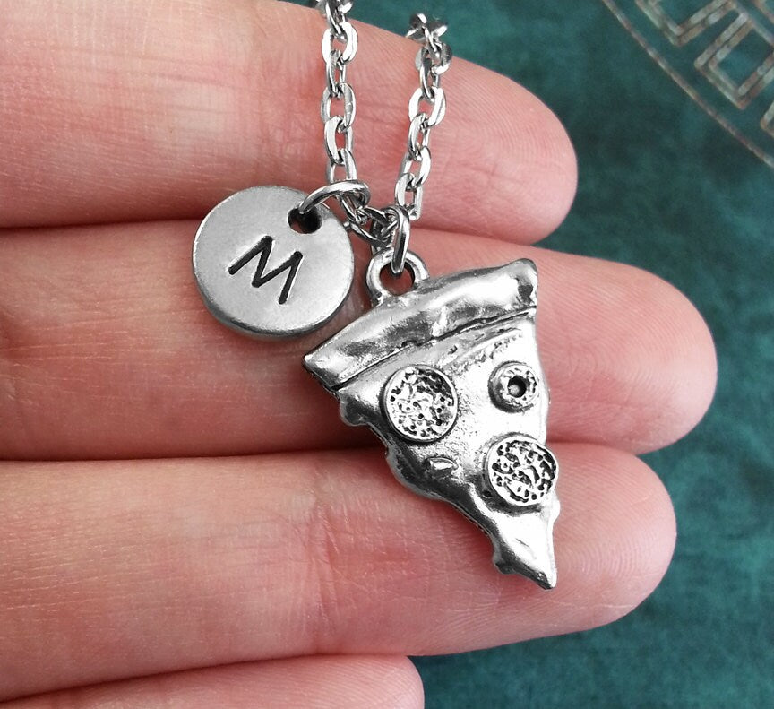 Pizza Keychain with Initial (Silver-Toned)