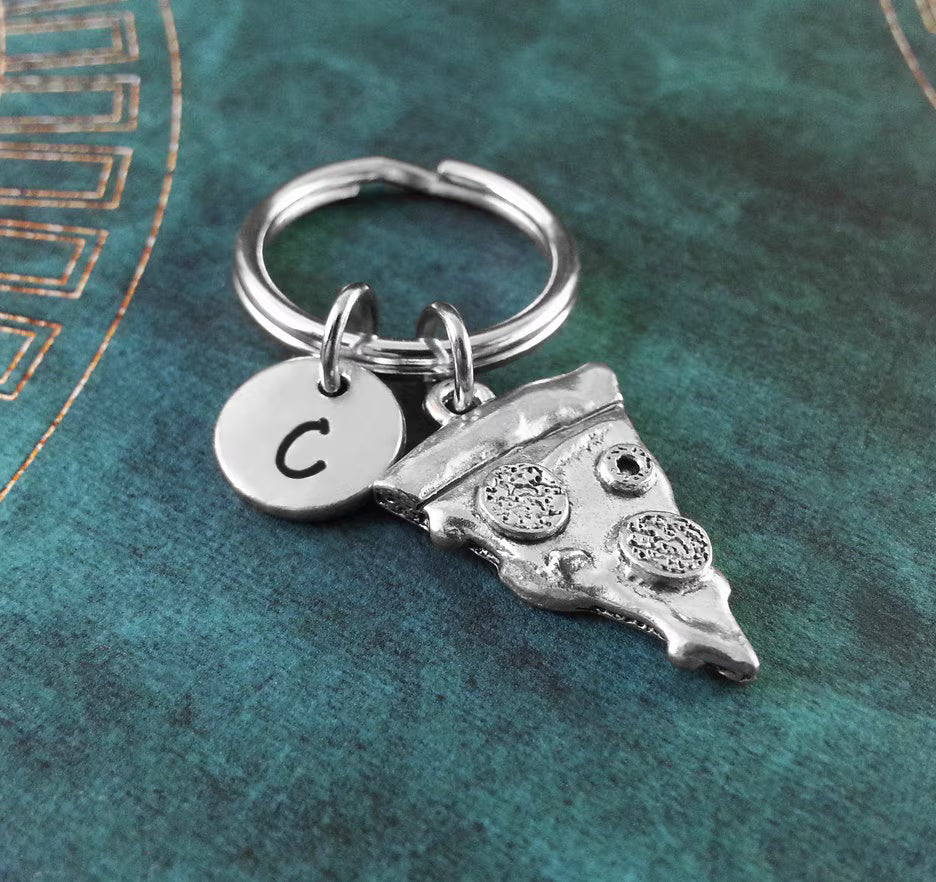 Pizza Keychain with Initial (Silver-Toned)