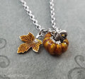 Enamel Pumpkin & Orange Leaf Charm Necklace (Silver-tone)