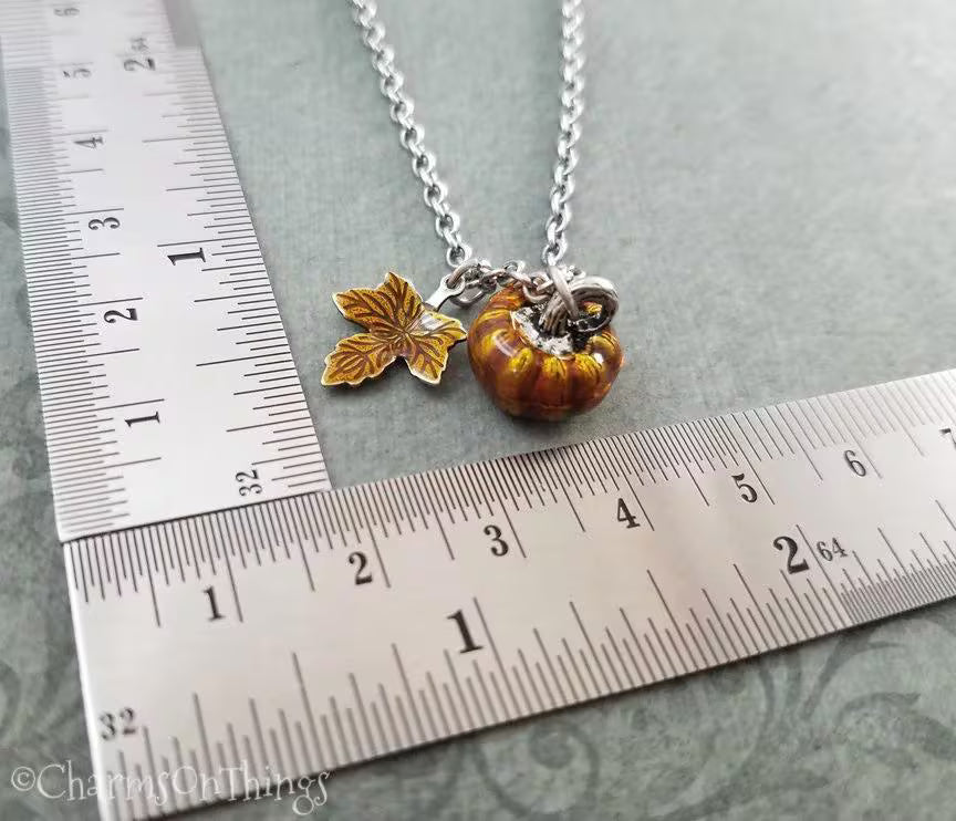 Enamel Pumpkin & Orange Leaf Charm Necklace (Silver-tone)
