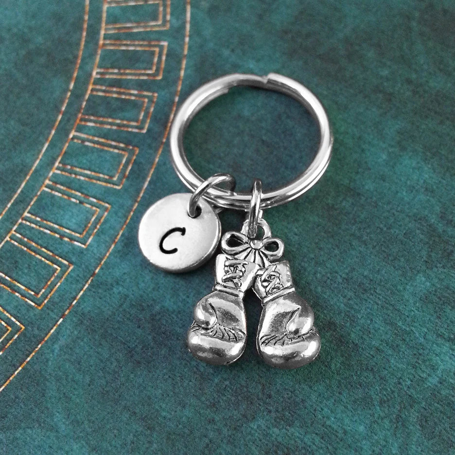 Boxing Gloves Keychain with Initial (Silver-Toned)