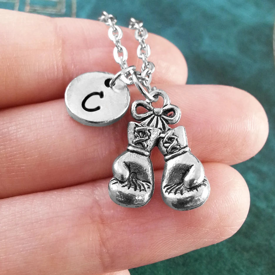 Boxing Gloves Keychain with Initial (Silver-Toned)
