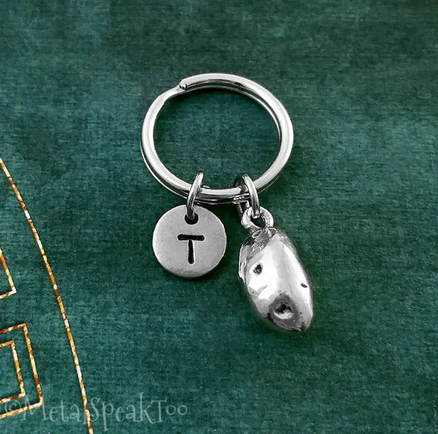 Potato Keychain with Initial (Silver-Toned)