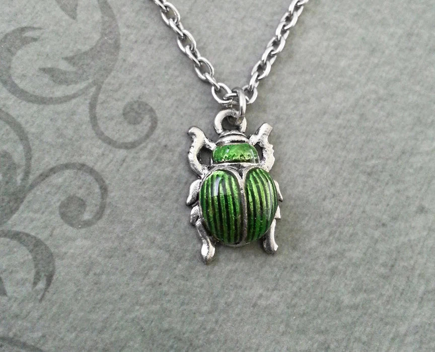 Silver & Green Enamel Scarab Beetle Charm Necklace (Silver-tone)