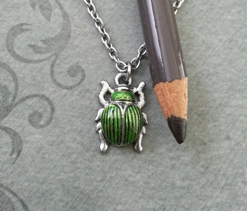 Silver & Green Enamel Scarab Beetle Charm Necklace (Silver-tone)