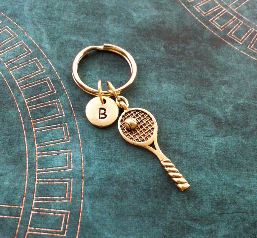 Tennis Racket Keychain with Initial (Gold-Toned)