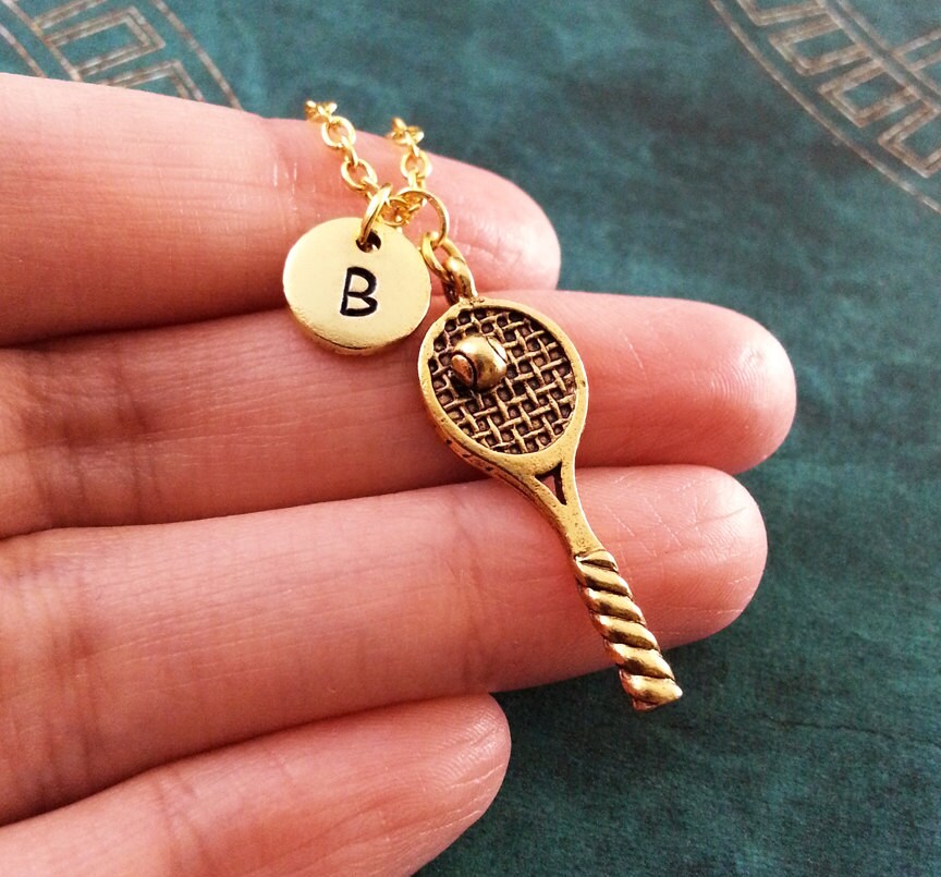 Tennis Racket Keychain with Initial (Gold-Toned)