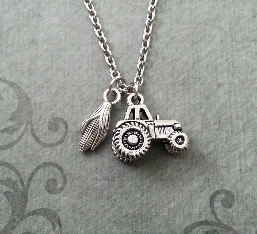 Tractor & Corn Charm Necklace (Silver-tone)
