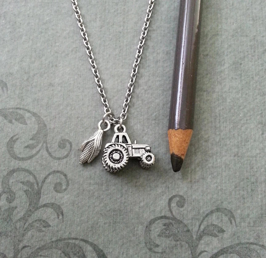 Tractor & Corn Charm Necklace (Silver-tone)